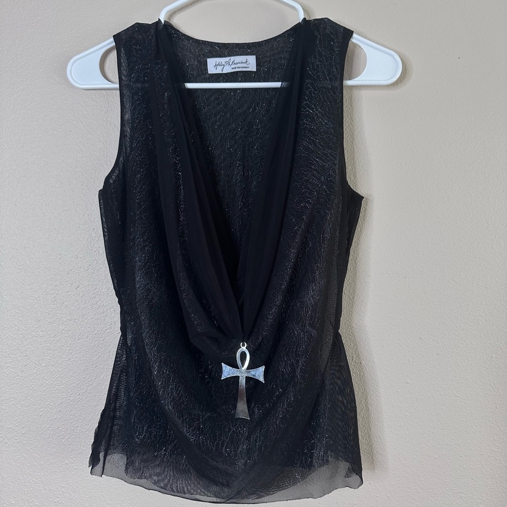 Mesh Cowl Neck Top with Cross